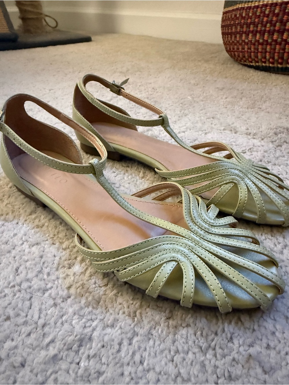 Corello W Sage Green Leather T-Strap Flats Brazilian Shoes 7.5